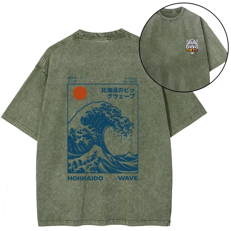 Tokyo-Tiger Hokkaido Wave Japan Front Back Washed T-Shirt