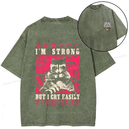 Tokyo-Tiger I Am Strong Raccoon Front Back Washed T-Shirt