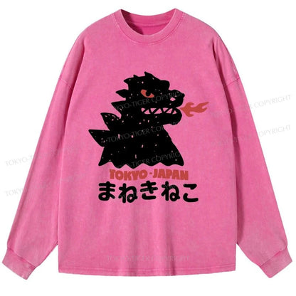 Tokyo-Tiger Japanese Fortune Cat Washed Long Sleeve T-Shirt