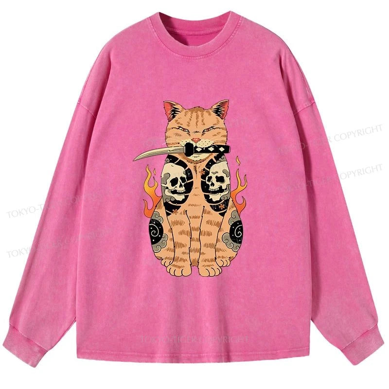 Tokyo-Tiger Catana Cat Skull Tattooed Samurai Washed Long Sleeve T-Shirt