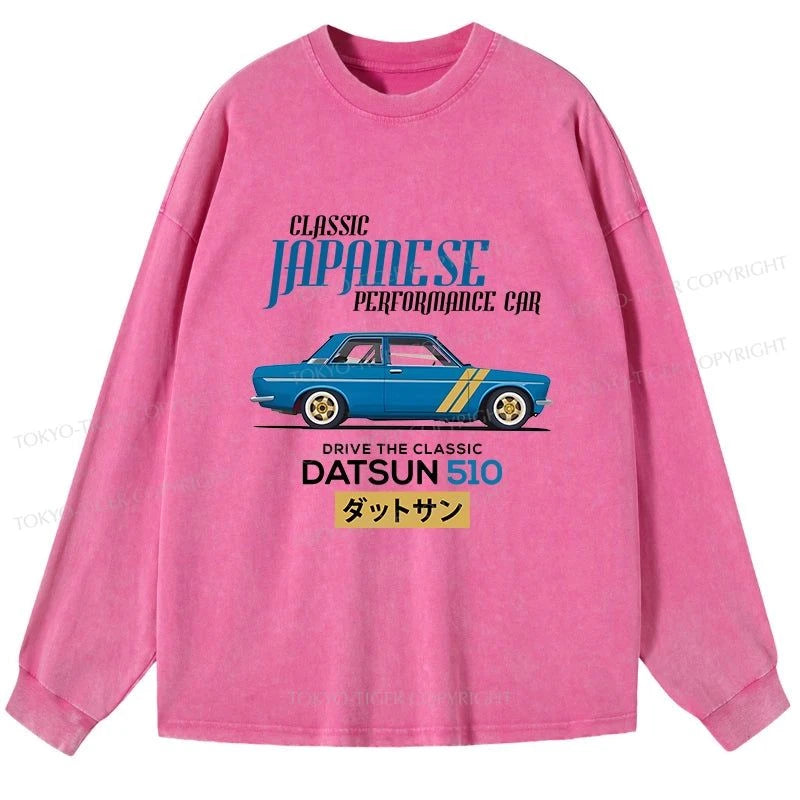 Tokyo-Tiger Datsun 510 - Classic Japanese Car Washed Long Sleeve T-Shirt