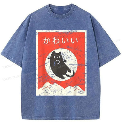 Tokyo-Tiger Cute Black Cat Japanese Washed T-Shirt