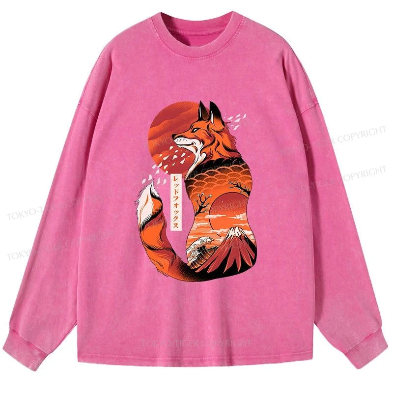 Tokyo-Tiger Japanese Fox KitsuneTattoo Washed Long Sleeve T-Shirt