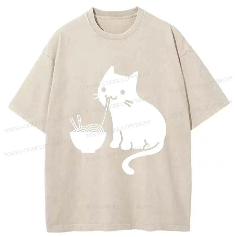 Tokyo-Tiger Cat Eating Ramen Japan Washed T-Shirt