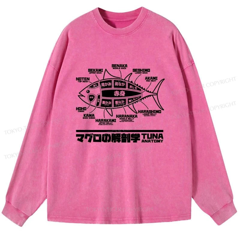 Tokyo-Tiger Tuna Dissection Map Japanese Washed Long Sleeve T-Shirt