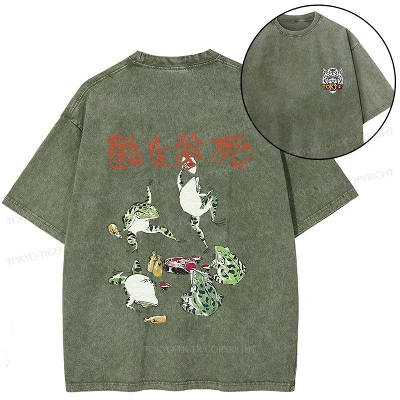 Tokyo-Tiger Japanese Frog Osake Kanji Front Back Washed T-Shirt