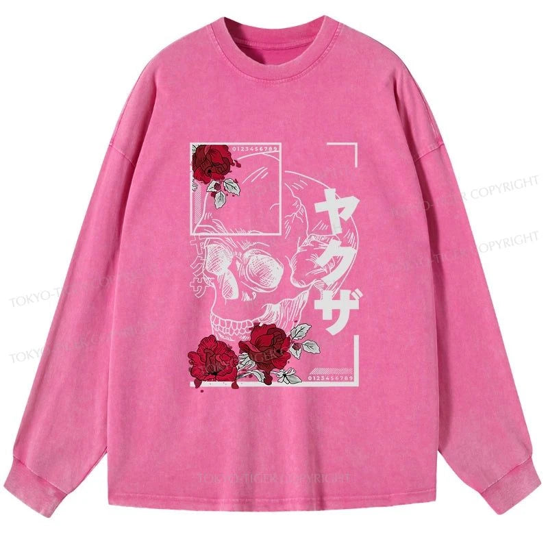 Tokyo-Tiger Skull Roses Japanese Aesthetic Washed Long Sleeve T-Shirt