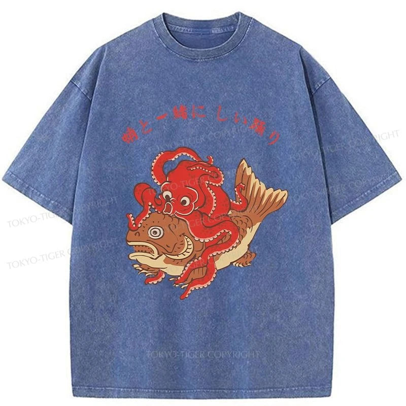 Tokyo-Tiger Octopus And Koi Dance Together Washed T-Shirt