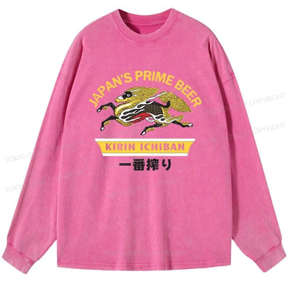 Tokyo-Tiger Kirin Ichiban Beer Logo Japanese Washed Long Sleeve T-Shirt