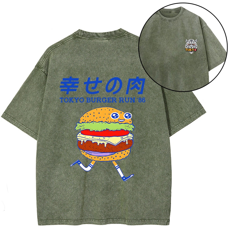 Tokyo-Tiger Tokyo Burger Run Japanese Front Back Washed T-Shirt