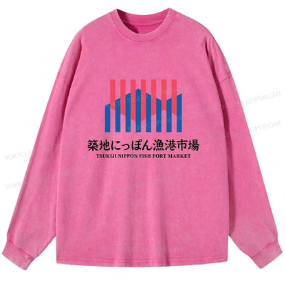 Tokyo-Tiger Tsukiji Nippon Fish Port Market Washed Long Sleeve T-Shirt