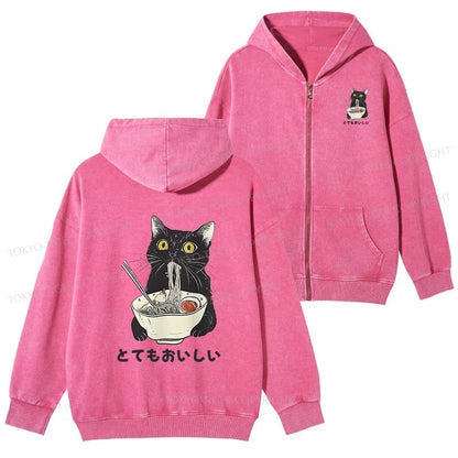 Tokyo-Tiger Cats Eat Ramen Noodles Washed Zip Hoodie