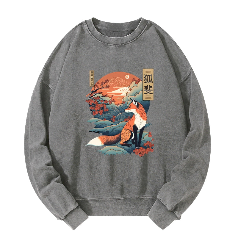 Tokyo-Tiger Japanese Kitsune Fox Sakura Washed Sweatshirt