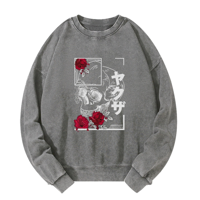 Tokyo-Tiger Skull Roses Japanese Aesthetic Washed Sweatshirt