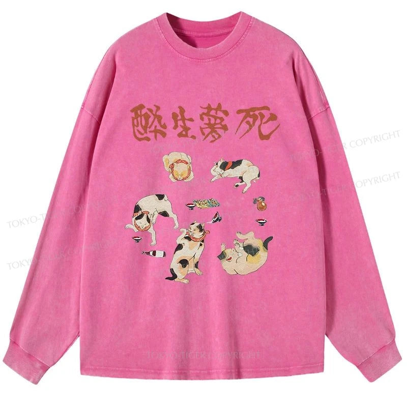 Tokyo-Tiger Drunken Cats Washed Long Sleeve T-Shirt