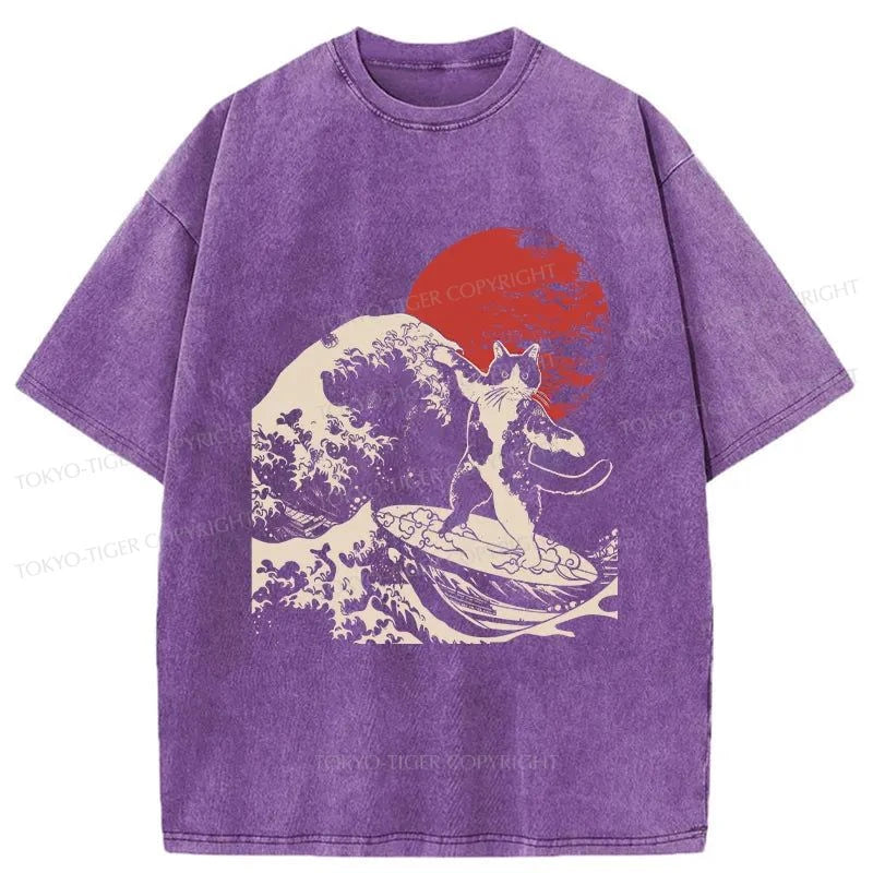 Tokyo-Tiger Cat Surfing Washed T-Shirt