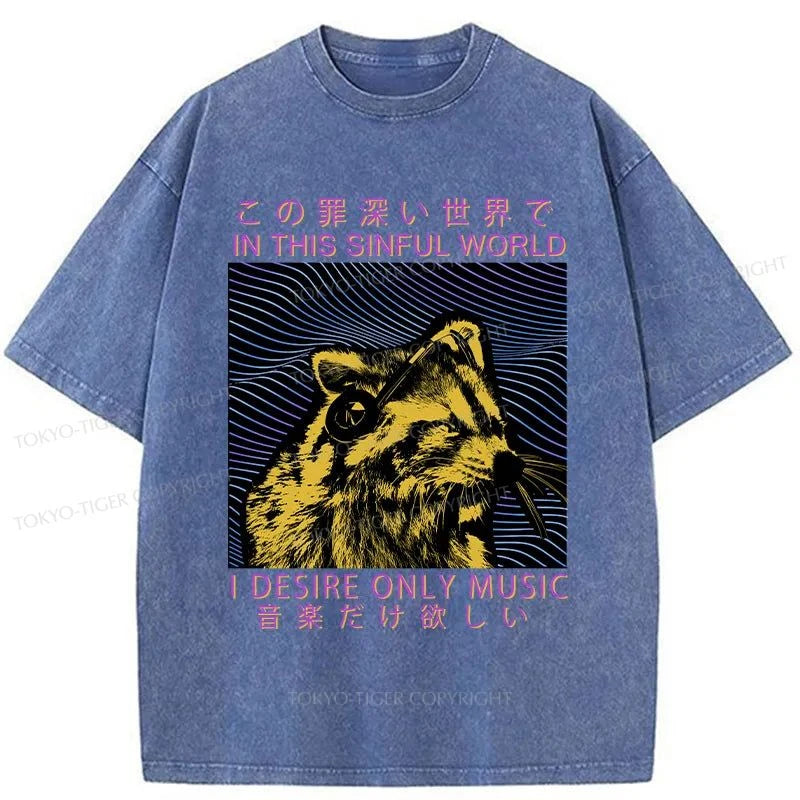 Tokyo-Tiger Raccoon Listening To Music Washed T-Shirt