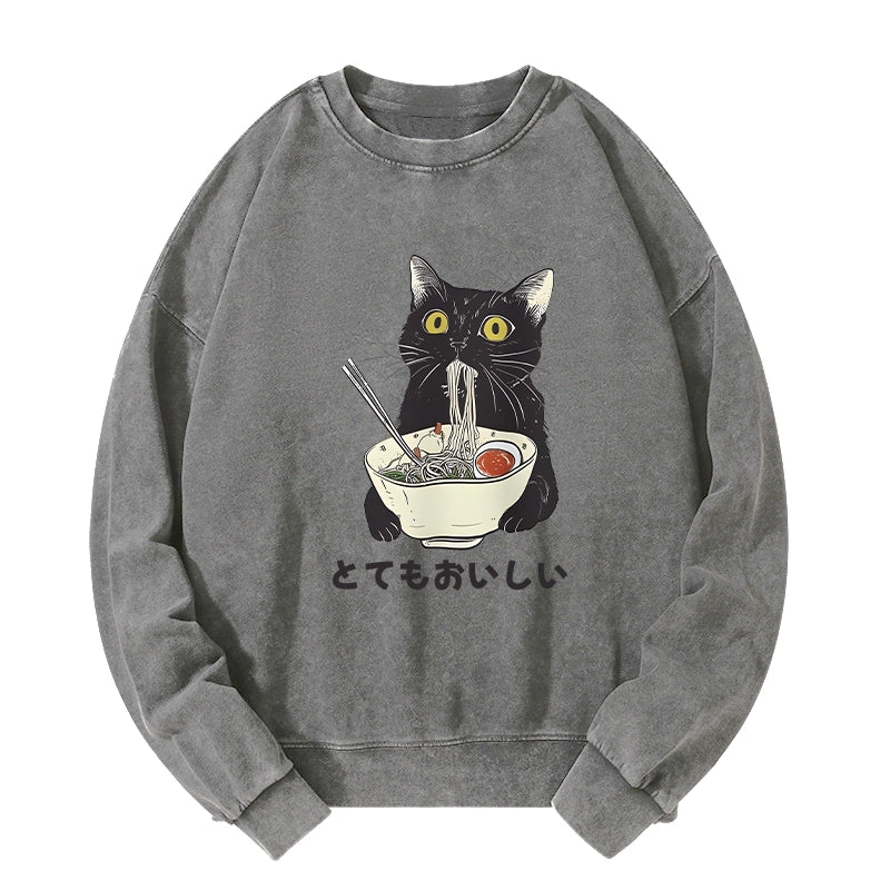 Tokyo-Tiger Cats Eat Ramen Noodles Washed Sweatshirt