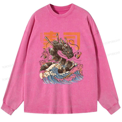 Tokyo-Tiger The Great Sushi Dragon Wave Washed Long Sleeve T-Shirt