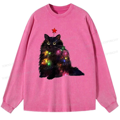 Tokyo-Tiger Christmas Lights Cat Washed Long Sleeve T-Shirt