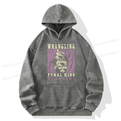 Tokyo-Tiger Wrangling Feral Raccoon Kids Washed Hoodie