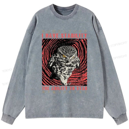 Tokyo-Tiger I Have Stability Owl Washed Long Sleeve T-Shirt