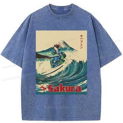 Tokyo-Tiger Geisha Surfing Washed T-Shirt