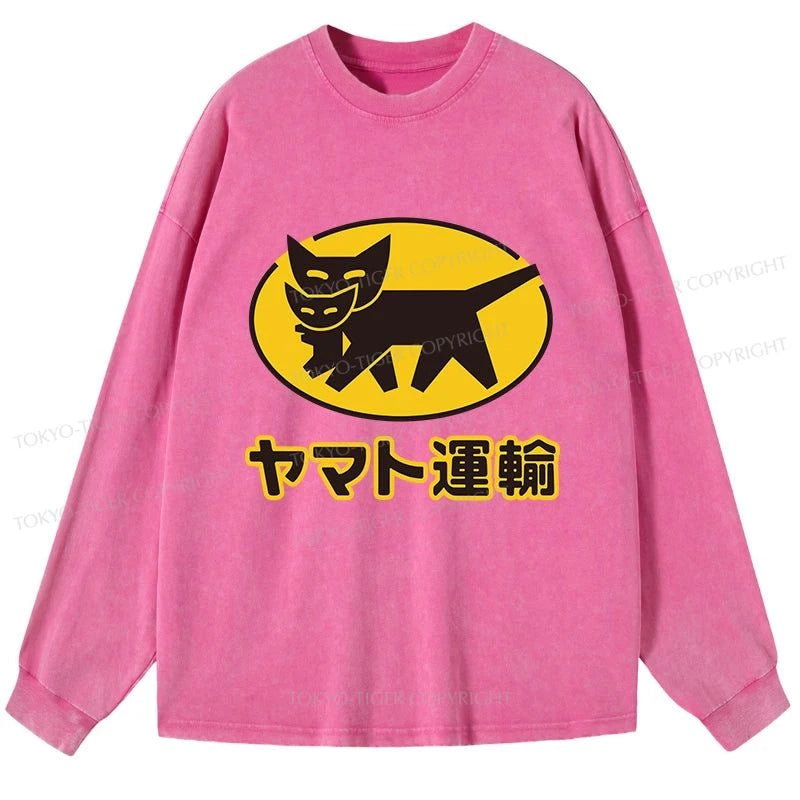 Tokyo-Tiger Black Cat Transport Pattern Japan Washed Long Sleeve T-Shirt