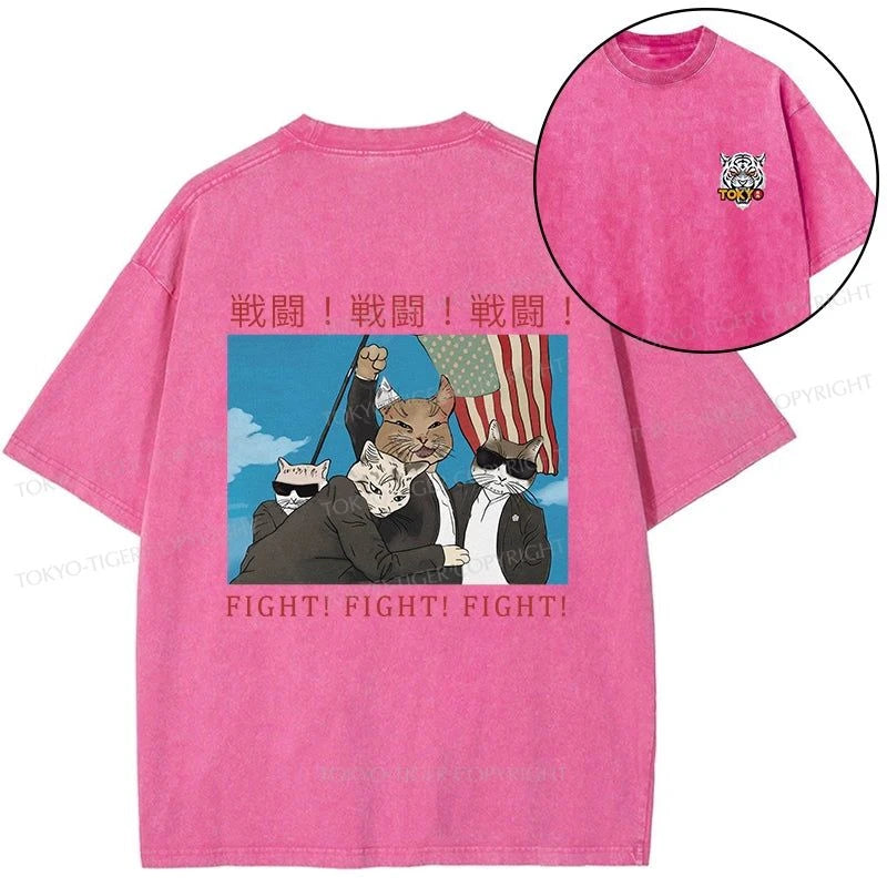 Tokyo-Tiger Fight Cat Japanese Front Back Washed T-Shirt