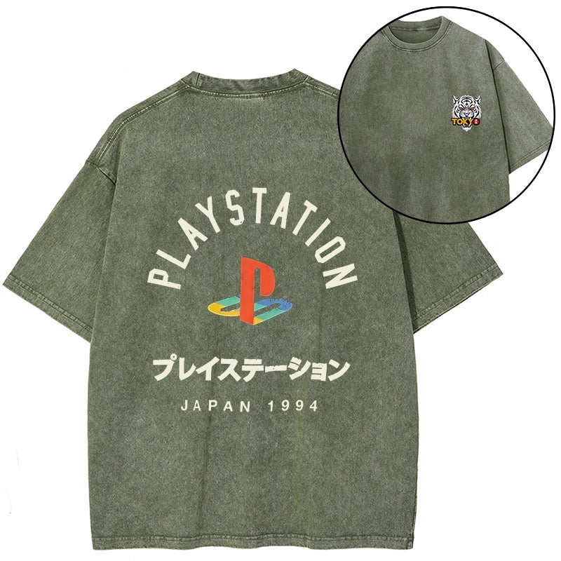 Tokyo-Tiger PlayStation Logo Japan Front Back Washed T-Shirt