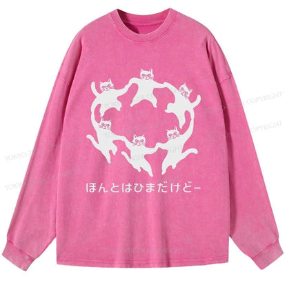 Tokyo-Tiger Leisure Cats Japanese Washed Long Sleeve T-Shirt