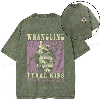 Tokyo-Tiger Wrangling Feral Raccoon Kids Front Back Washed T-Shirt