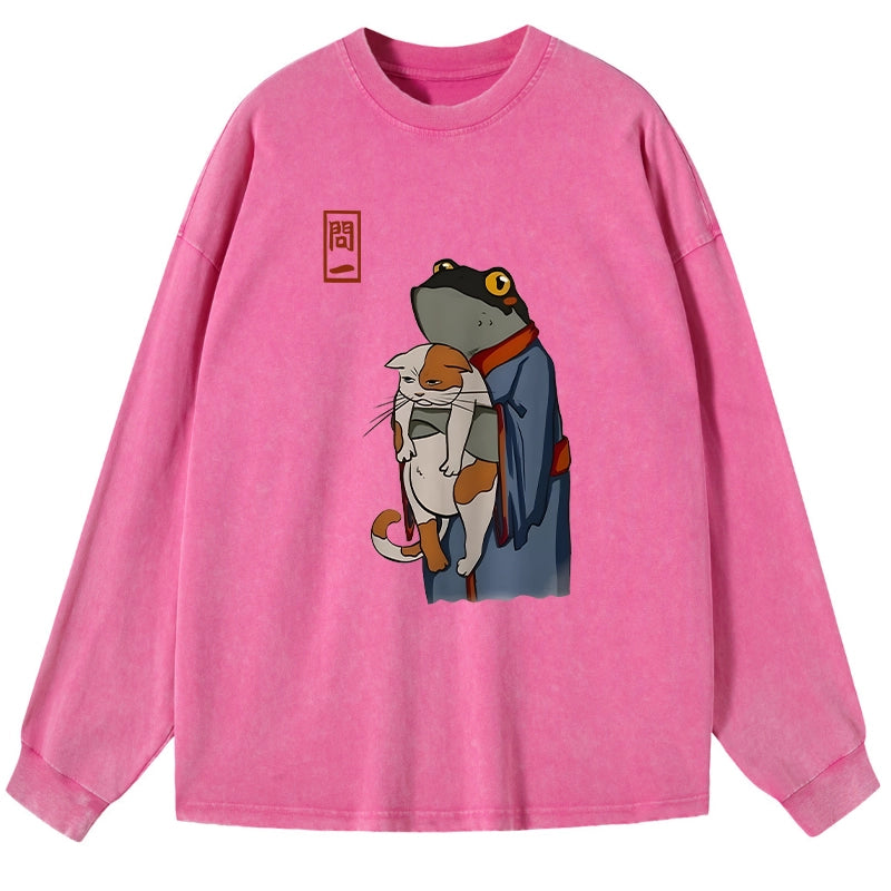 Tokyo-Tiger The Frog Holds The Cat Washed Long Sleeve T-Shirt