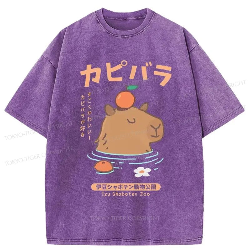 Tokyo-Tiger Capybara Soaking In Hot Springs Washed T-Shirt