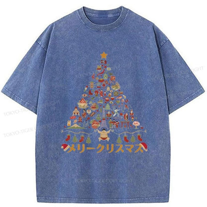 Tokyo-Tiger Japanese Christmas Tree Made Up of Icons Washed T-Shirt