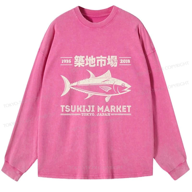 Tokyo-Tiger Retro Tsukiji Fish Market Streetwear Tokyo Washed Long Sleeve T-Shirt