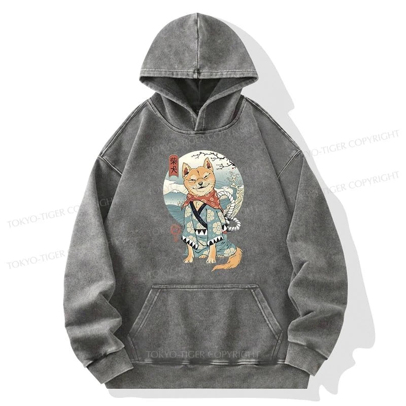 Tokyo-Tiger Samurai Shiba Dog Japanese Washed Hoodie