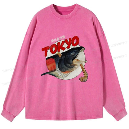 Tokyo-Tiger Vintage Japanese Tsukiji Fish Market Washed Long Sleeve T-Shirt