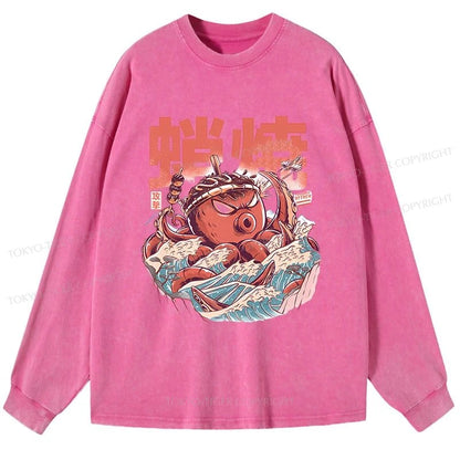 Tokyo-Tiger The Great Wave Takoyaki Japanese Washed Long Sleeve T-Shirt