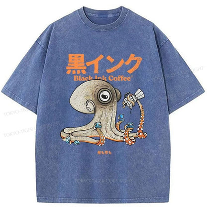 Tokyo-Tiger Octopus Drinks Black Coffee Washed T-Shirt