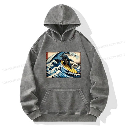 Tokyo-Tiger Dinosaur Surfing Japanese Washed Hoodie