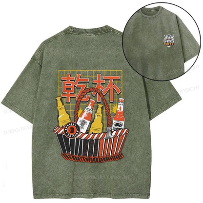 Tokyo-Tiger Have A Beer Together Front Back Washed T-Shirt