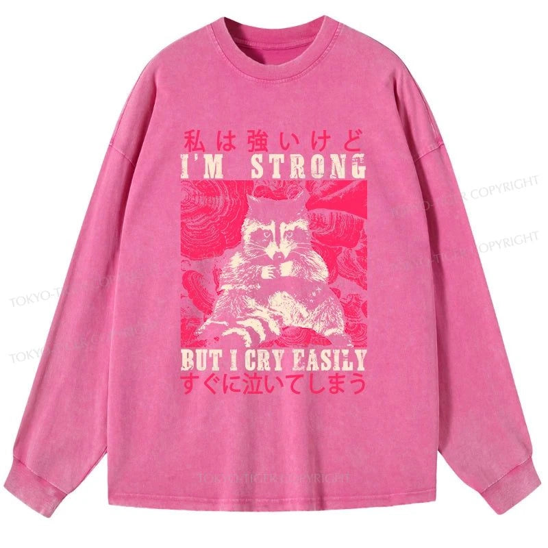 Tokyo-Tiger I Am Strong Raccoon Washed Long Sleeve T-Shirt