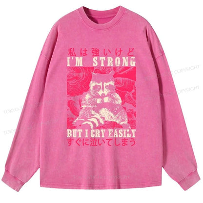 Tokyo-Tiger I Am Strong Raccoon Washed Long Sleeve T-Shirt