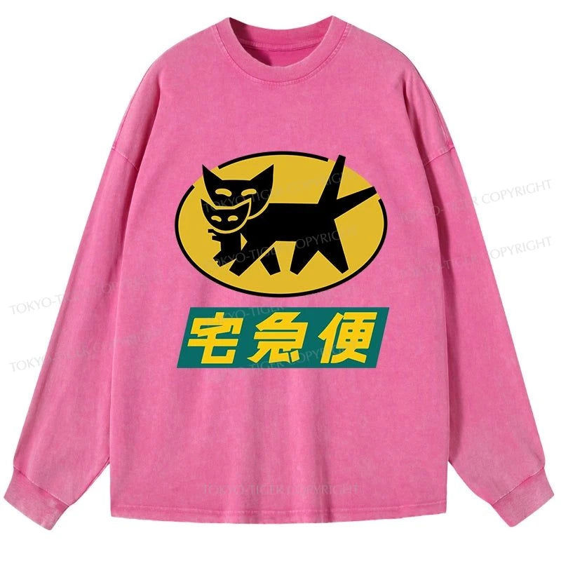 Tokyo-Tiger Black Cat Quick Transport Washed Long Sleeve T-Shirt