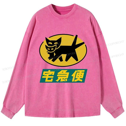 Tokyo-Tiger Black Cat Quick Transport Washed Long Sleeve T-Shirt