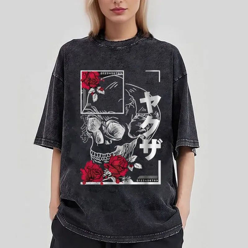 Tokyo-Tiger Skull Roses Japanese Washed T-Shirt
