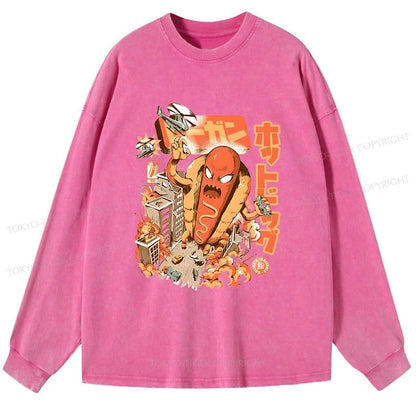 Tokyo-Tiger Great Hot Dog Kaiju Japanese Washed Long Sleeve T-Shirt