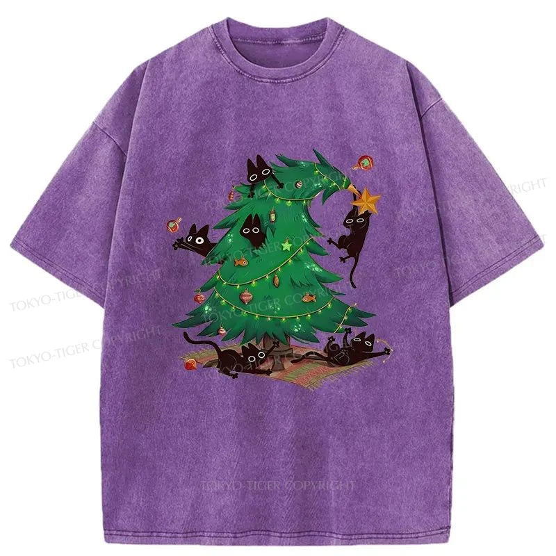 Tokyo-Tiger Cat Hiding In The Christmas Tree Washed T-Shirt