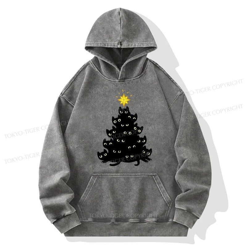 Tokyo-Tiger Black Cat Christmas Tree Washed Hoodie